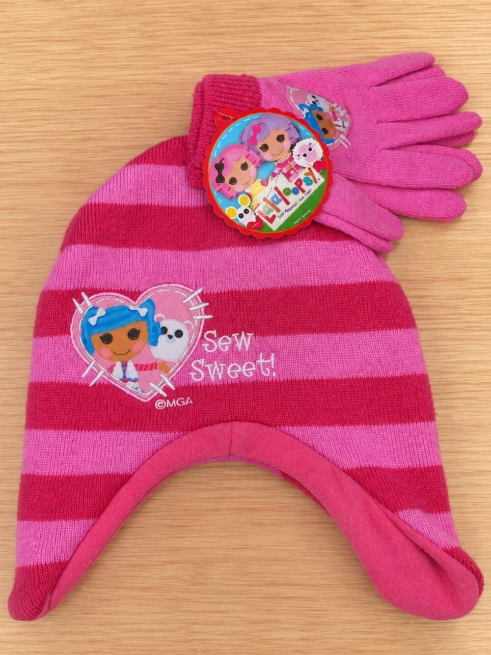 Lalaloopsy Sew Sweet Winter Beanie Hat Gloves Set Girls Pink Fleece Lined NWT